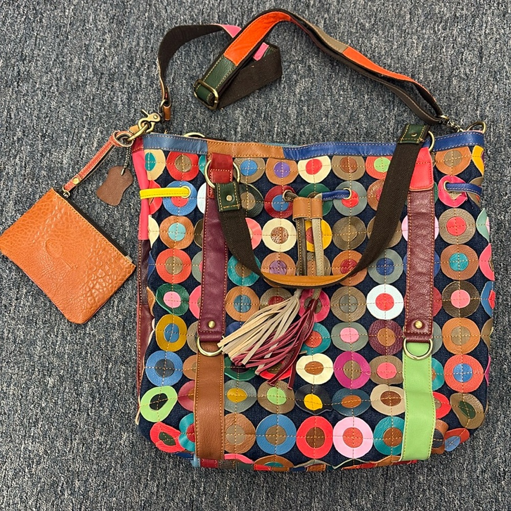 Ameri Leather Lloyd Leather Patchwork Circles Tote Bag W Top Zipper, Multicolor
